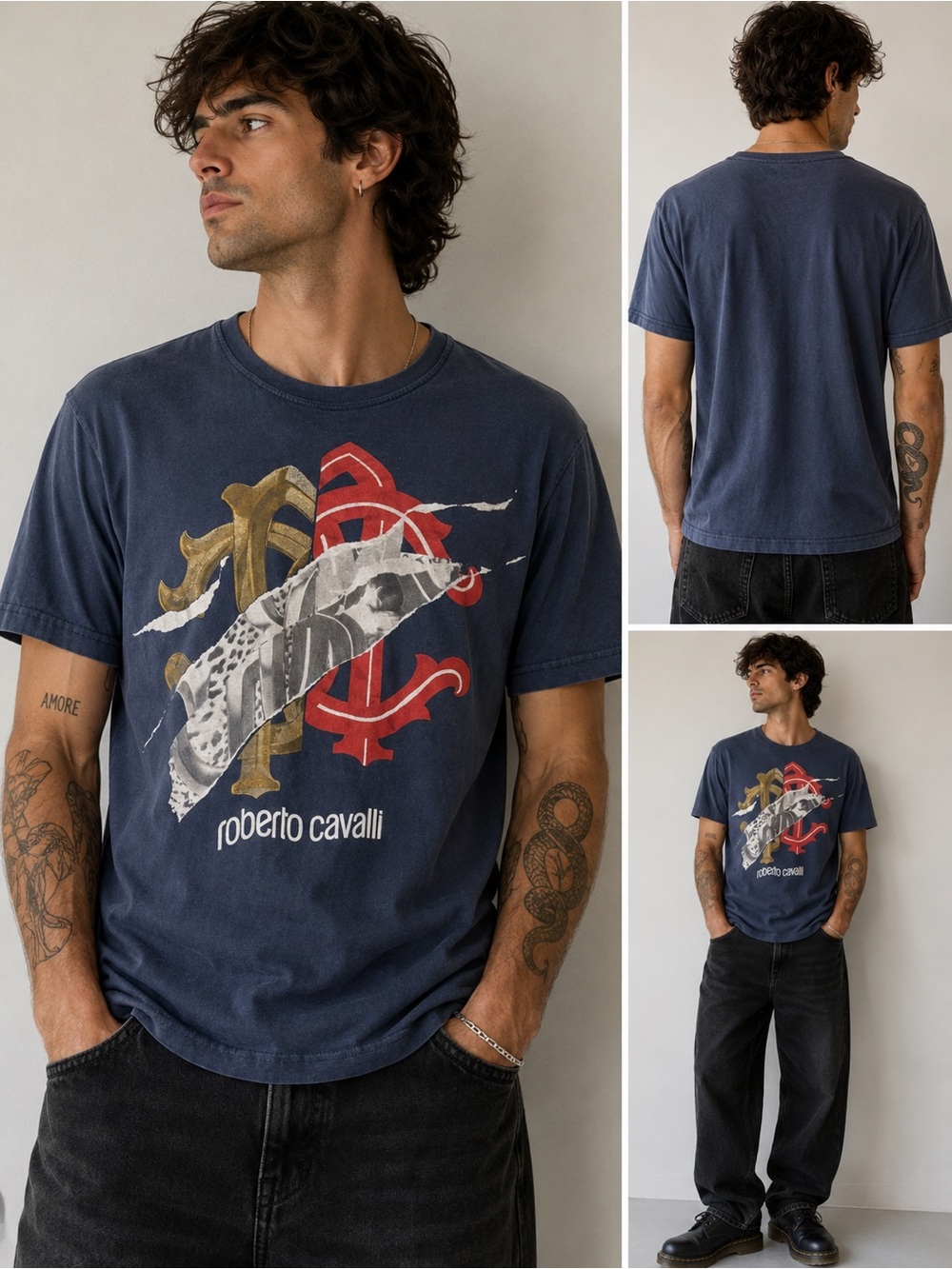 Roberto Cavalli Navy Tee with Red & Gold Graphic
